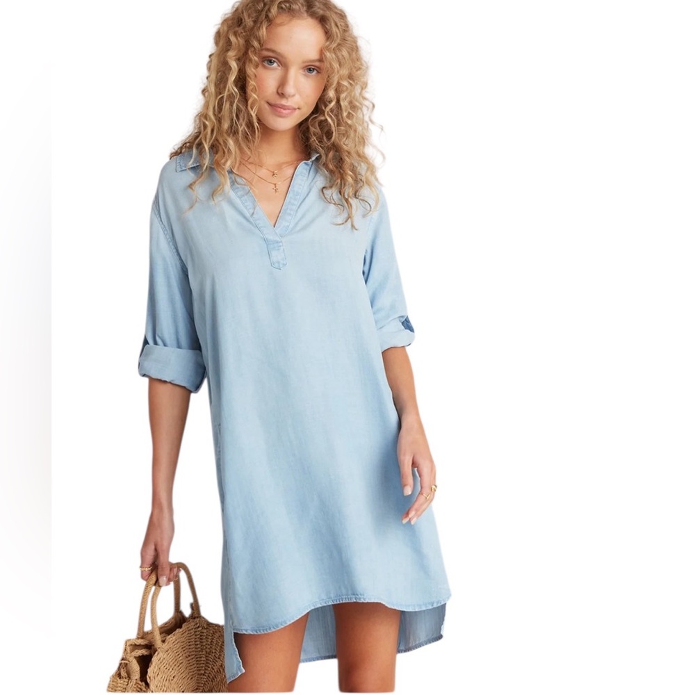 NWT Bella Dahl Women’s A-Line Roll Tab Sky Blue Chambray Shirt Dress Summer